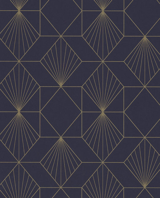 EIJFFINGER Geonature 366072 - Afbeelding 1 - Blauw, Goud, Retro, Vintage, Ruiten, Grafisch, Geometrisch